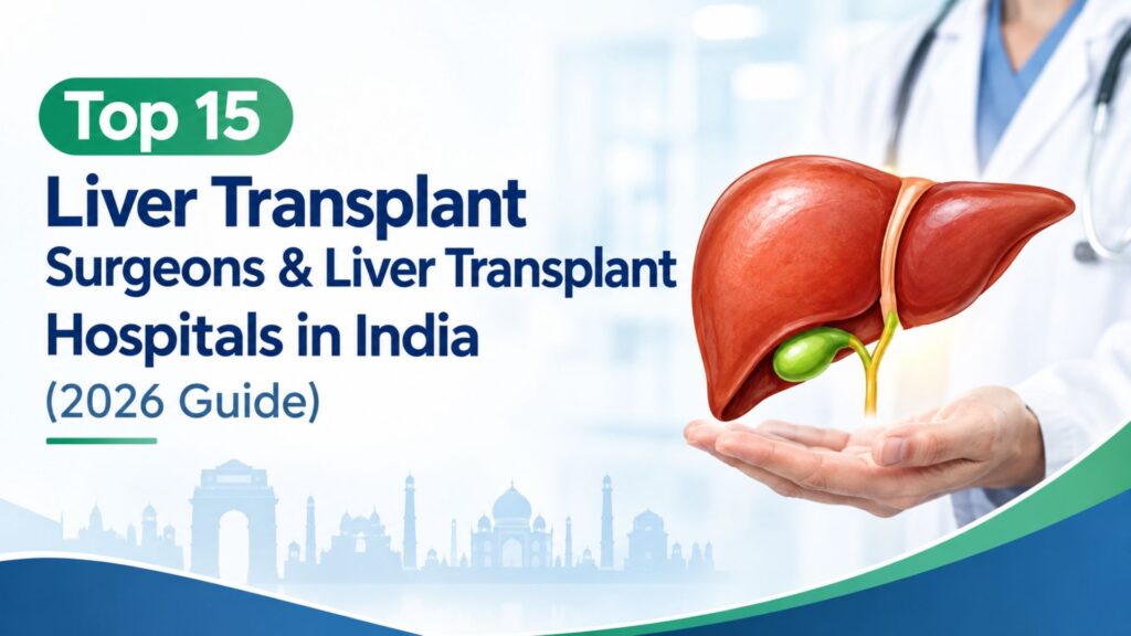 Top 15 Liver Transplant Surgeons and Liver Transplant Hospitals in India 2026 guide, featuring a liver illustration and healthcare professional.